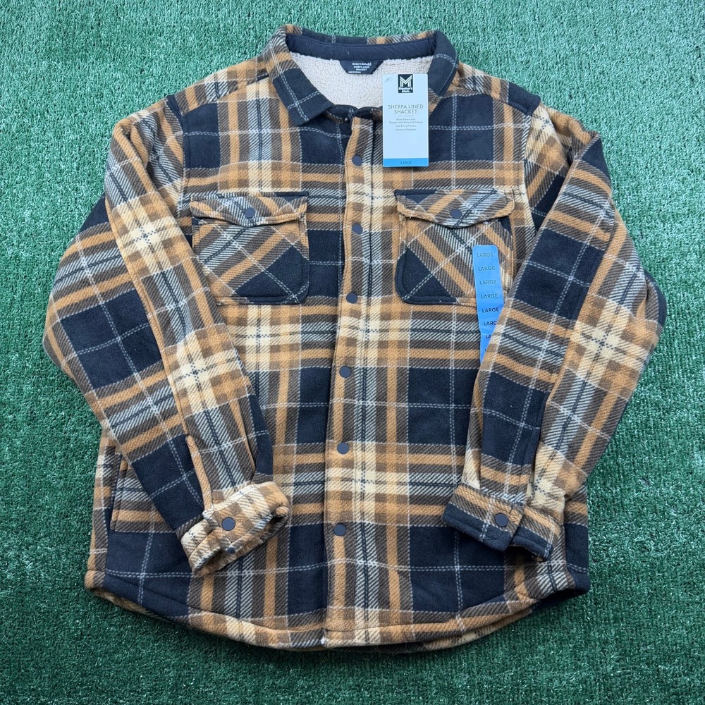 NWT Members Mark Mens Sherpa Lined Shacket Plaid Fleece Jacket Yellow Black L - Picture 2 of 6